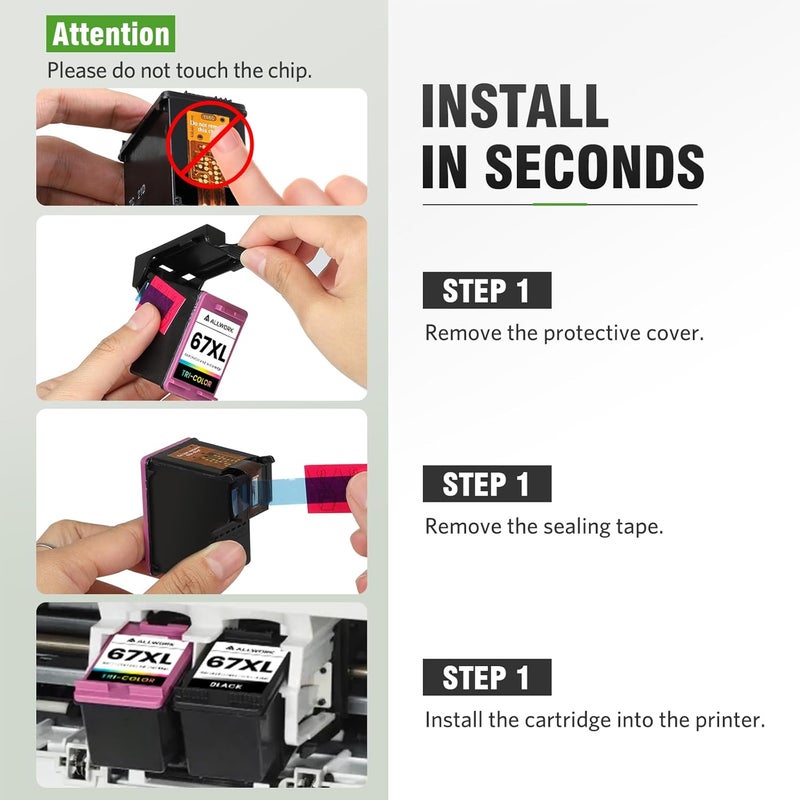 ALLWORK خراطيش حبر بديلة 67XL لـ HP 67 XL أسود ثلاثي الألوان معاد تصنيعها لـ HP Ink 67 67XL لطابعات DeskJet 2755e 2700 2855e 2800 2752 2742e 4155e 4255e 4100 Envy 6055 6055e 6455e (عبوة 2)  - Image 5